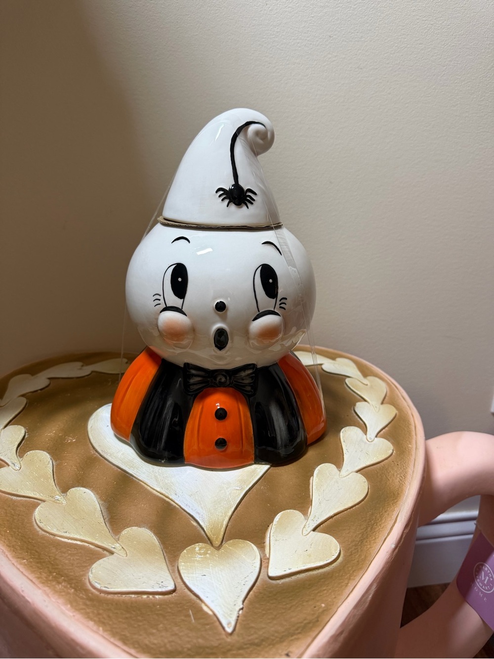 Johanna Parker Halloween Ghost with Dangling Spider Lidded Canister Cookie Jar